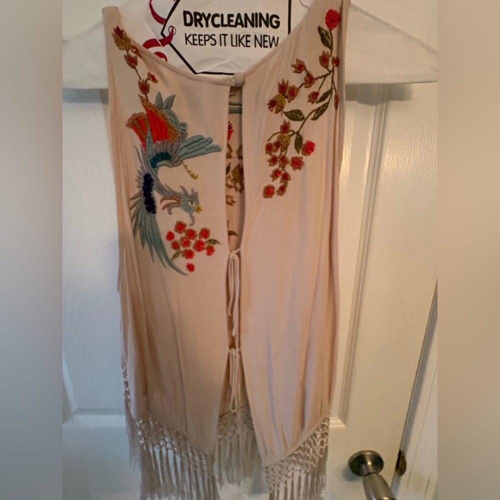 Free People Embroidered Sleeveless Vest with Fringe